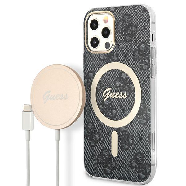 Capa Guess 4G Print MagSafe para iPhone 12 / iPhone 12 Pro + Carregador Indutivo - Preto
