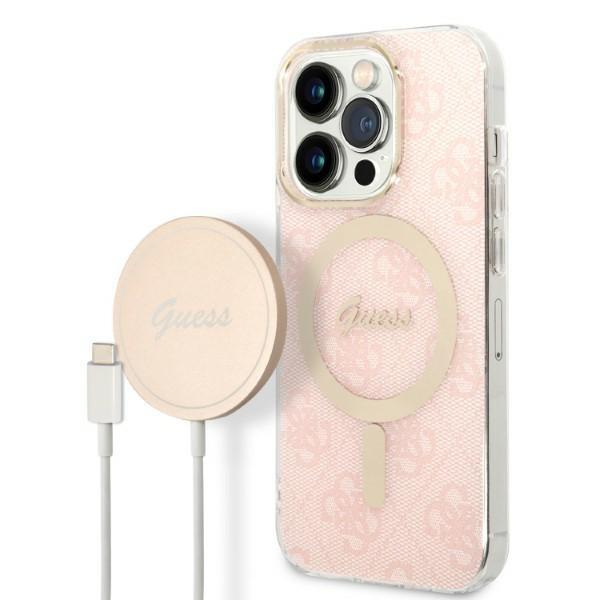 Capa Guess 4G Print MagSafe para iPhone 14 Pro + carregador indutivo - rosa