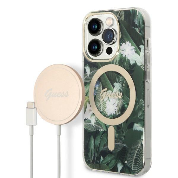 Capa Guess Jungle MagSafe para iPhone 14 Pro + carregador indutivo - verde