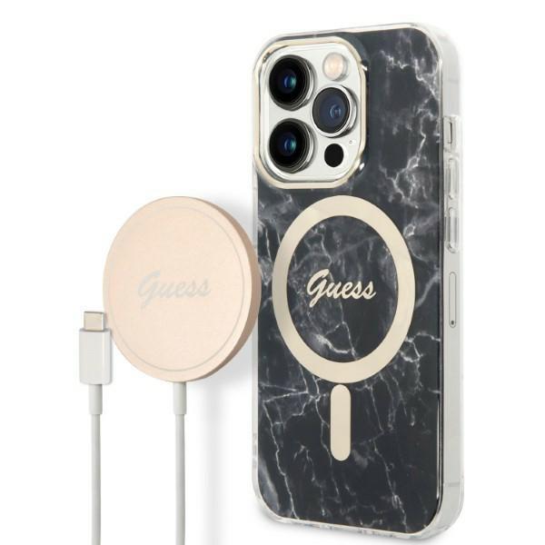 Capa Guess Marble MagSafe para iPhone 14 Pro + carregador indutivo - preto