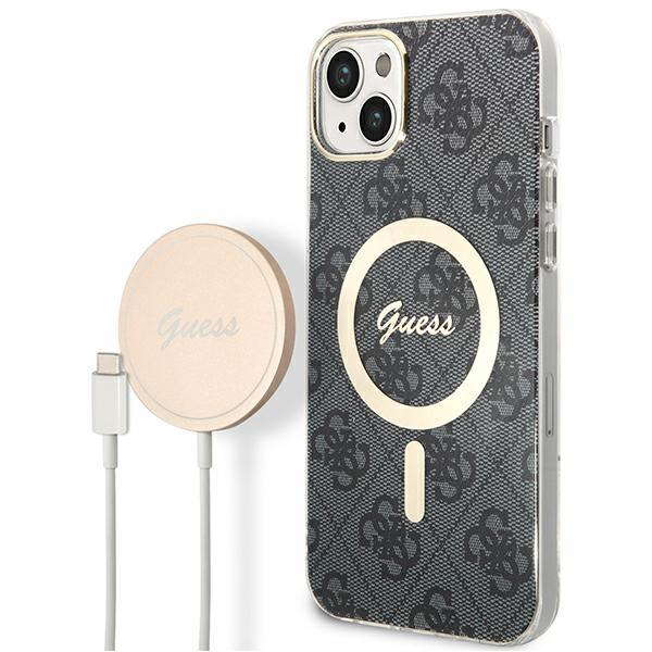 Capa Guess 4G Print MagSafe para iPhone 14 Plus + carregador indutivo - preto