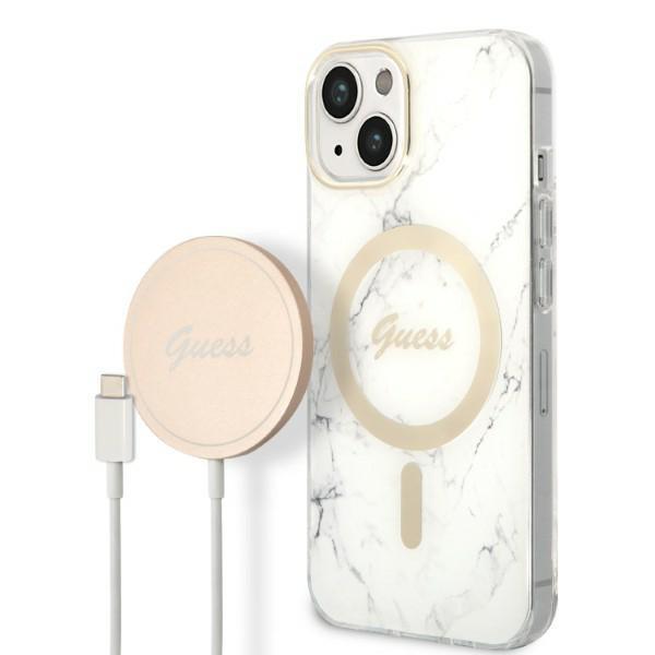 Capa Guess Marble MagSafe para iPhone 14 Plus + carregador indutivo - branco