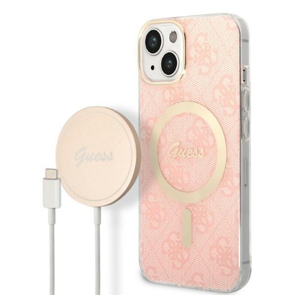 Capa Guess Marble MagSafe para iPhone 14 + carregador indutivo - rosa