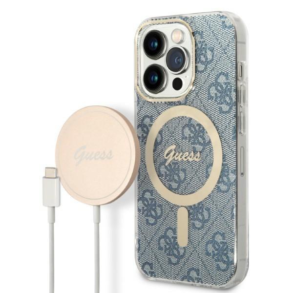 Capa Guess 4G Print MagSafe para iPhone 14 Pro Max + carregador indutivo - azul