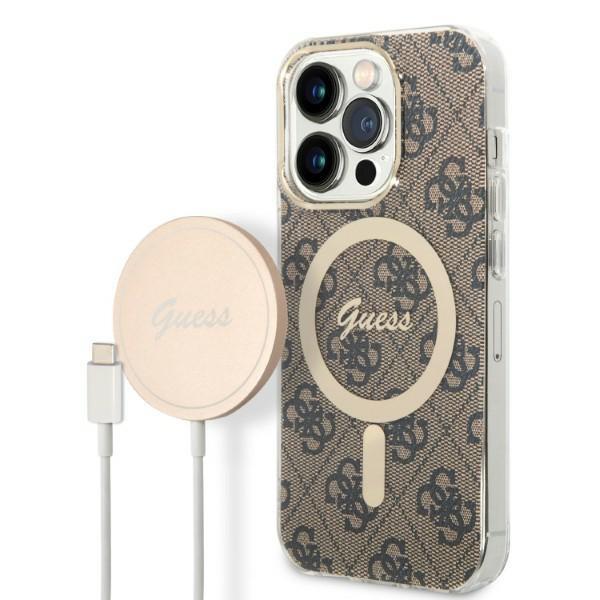 Capa Guess 4G Print MagSafe para iPhone 14 Pro Max + carregador indutivo - castanho