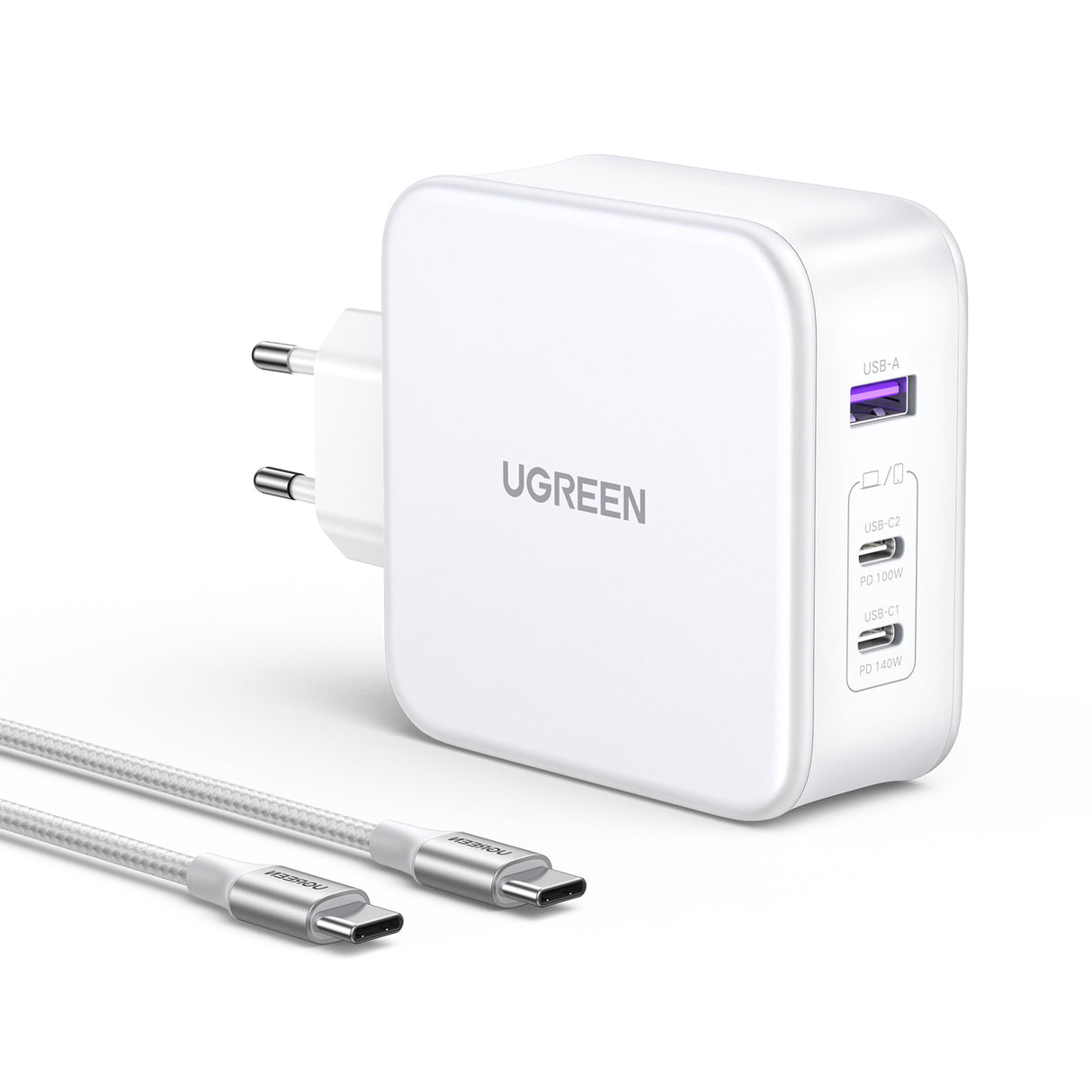 Carregador de Rede GaN Ugreen Nexode CD289 USB-A/2xUSB-C 140W + cabo USB-C - USB-C 1.5m - branco