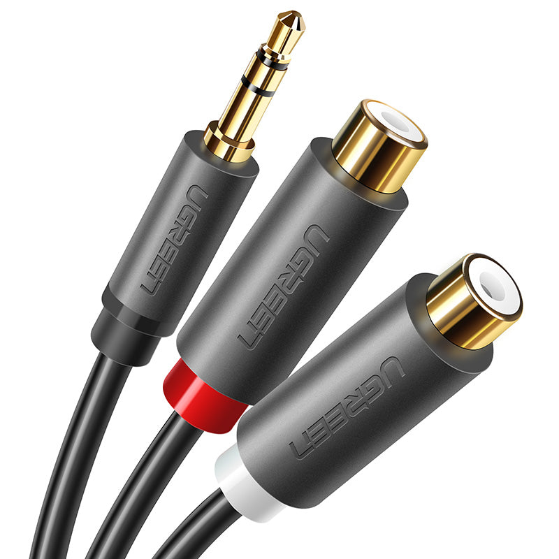 Adaptador Ugreen com conector de áudio jack 3.5mm macho para 2xRCA fêmea, cabo de 0.25m na cor cinza (AV109)