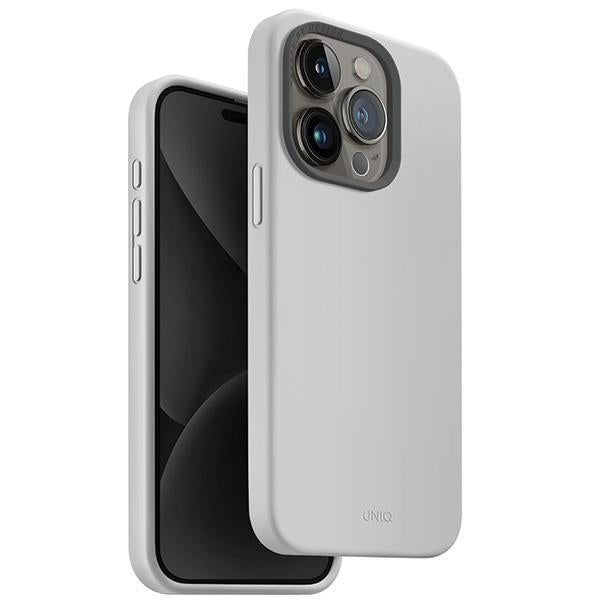 Capa UNIQ Lino Hue Magclick para carregamento do iPhone 15 Pro - cinza claro