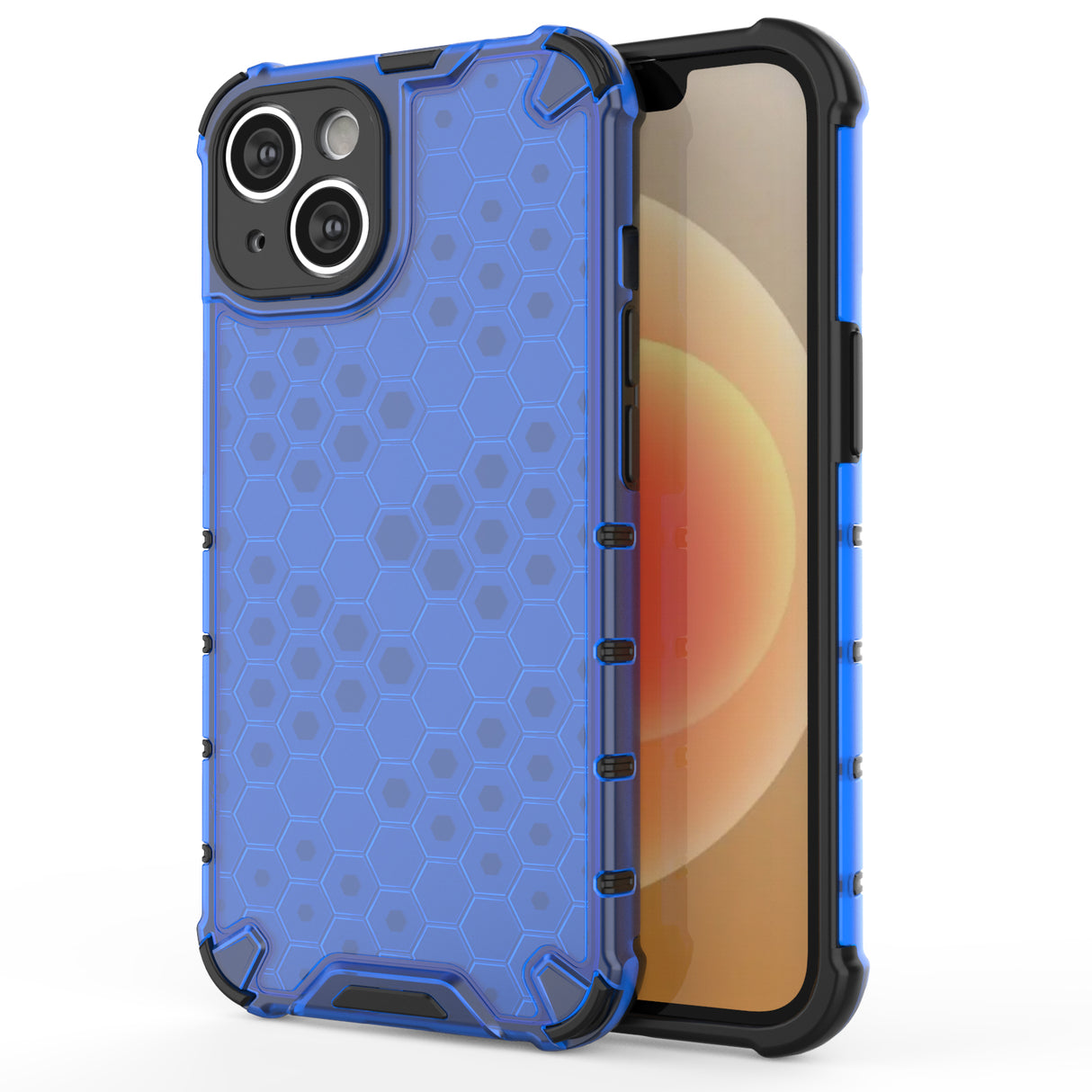 Capa híbrida blindada para iPhone 14 com design de favo de mel na cor azul.