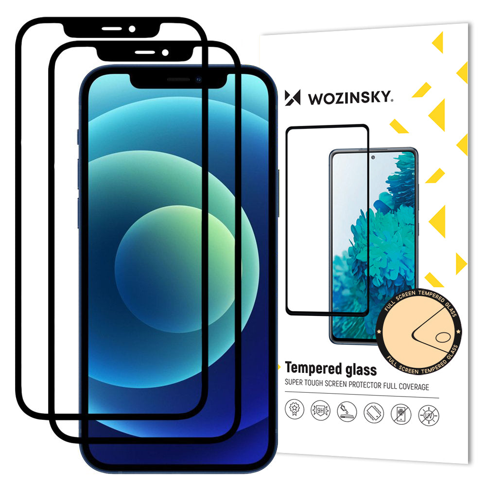 Wozinsky conjunto de 2x vidro temperado super resistente Full Glue para tela inteira com moldura compatível com capa para iPhone 12 Pro / iPhone 12 preto