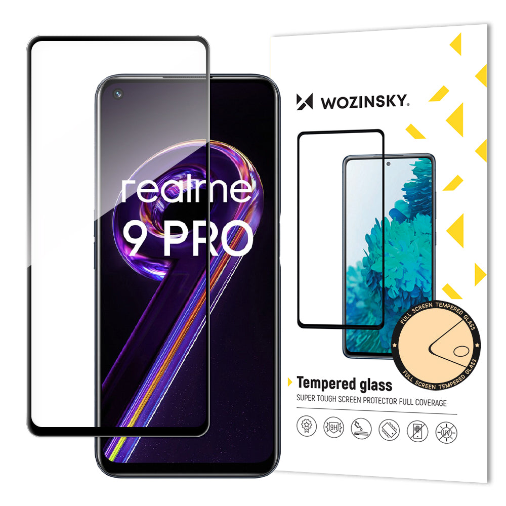 Vidro temperado super resistente Wozinsky Full Glue para tela inteira com moldura compatível com capa Realme 9 Pro preto.