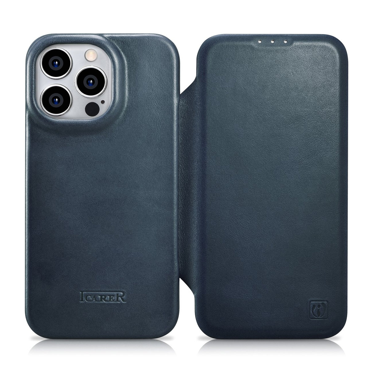 iCarer CE Oil Wax Premium Leather Folio Case capa de couro para iPhone 14 Pro com aba magnética MagSafe azul (AKI14220706-BU)