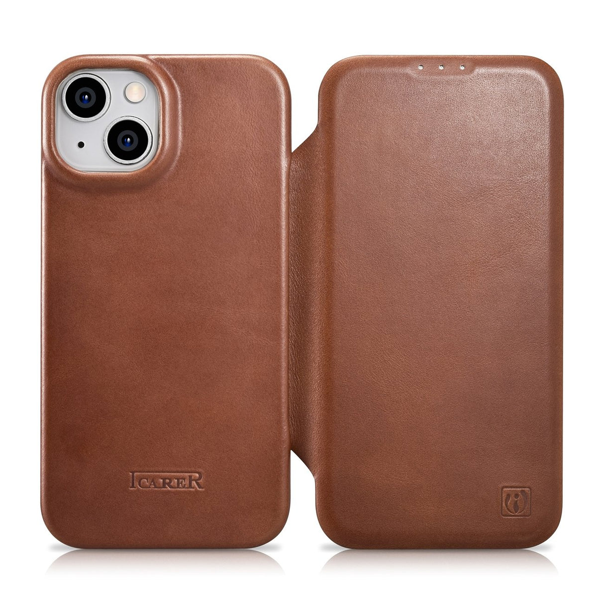 Capa de Couro Premium com Cera de Óleo iCarer CE, Etui de Couro para iPhone 14 Plus com Tampa Magnética MagSafe, na cor castanho (AKI14220707-BN)