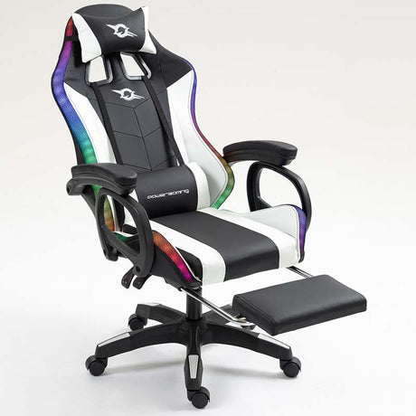 Cadeira Gaming com alto-falante Bluetooth e massagem + apoio para os pés preto e branco