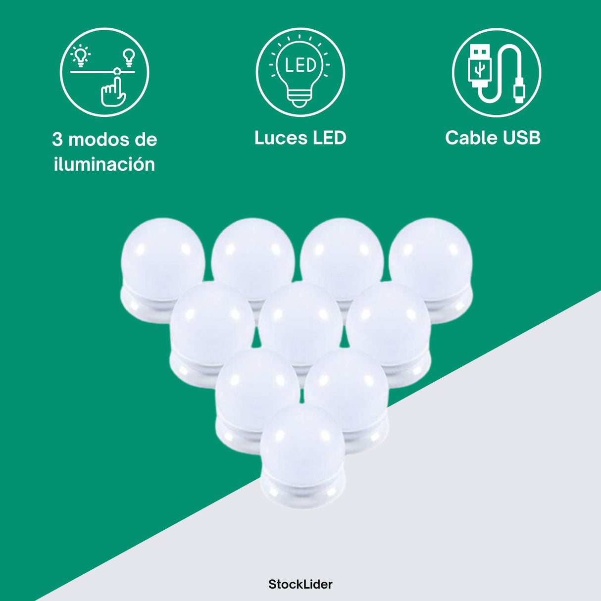 Tira de Lâmpadas LED para Espelho | 10 Bombillas | 3 Modos de Luz | USB