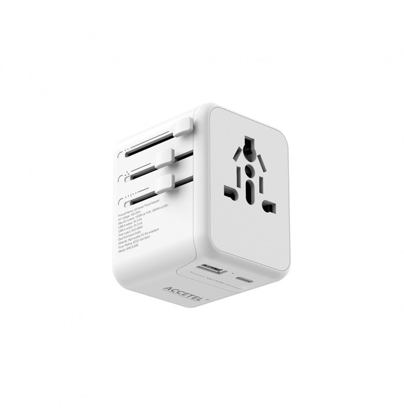 Adaptador de Viagem Internacional UC606W com 2 Portas USB-C e USB-A 2.4A – Branco