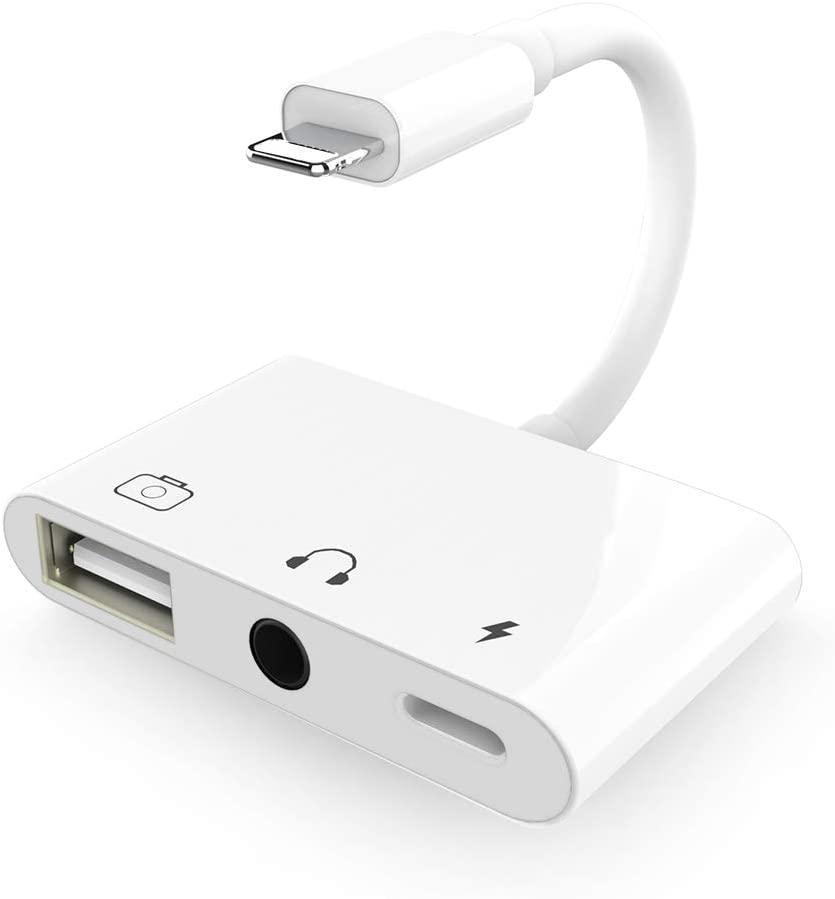 Adaptador Lightning 3 em 1 Câmara USB + Jack 3.5mm + Carregamento