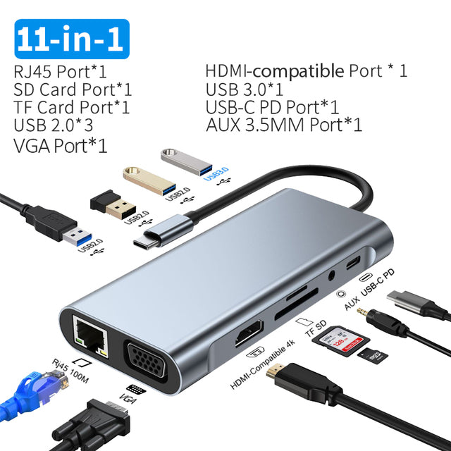 HUB USB-C 11 em 1 HDMI 4K USB 3.0 VGA RJ45