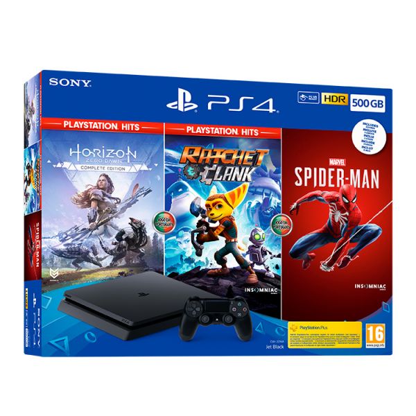 Consola Sony PlayStation 4 PS4 500GB Pack + Ratchet & Clank + Horizon Zero Dawn + Spider-Man (SEGUNDA MÃO)
