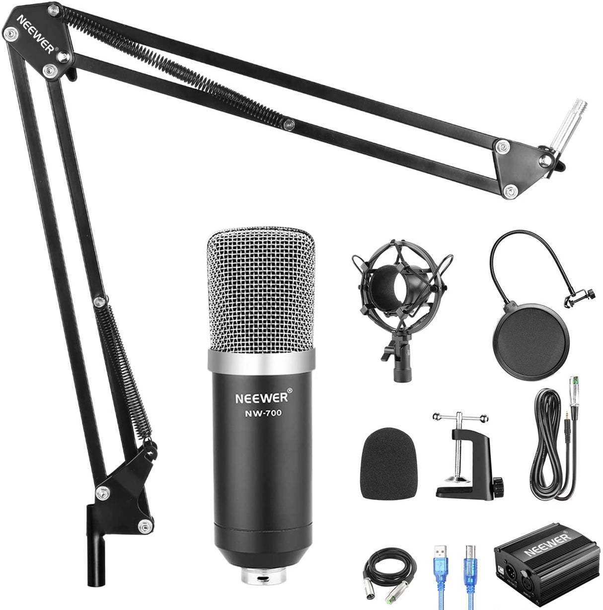 Microfone de Estúdio Neewer NW-700 - Kit Microfone + Suporte + Filtro de Gravação + Carregador + Acessórios