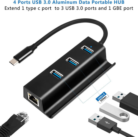 USB C Hub 4 em 1 - 3X USB 3.0 RJ45