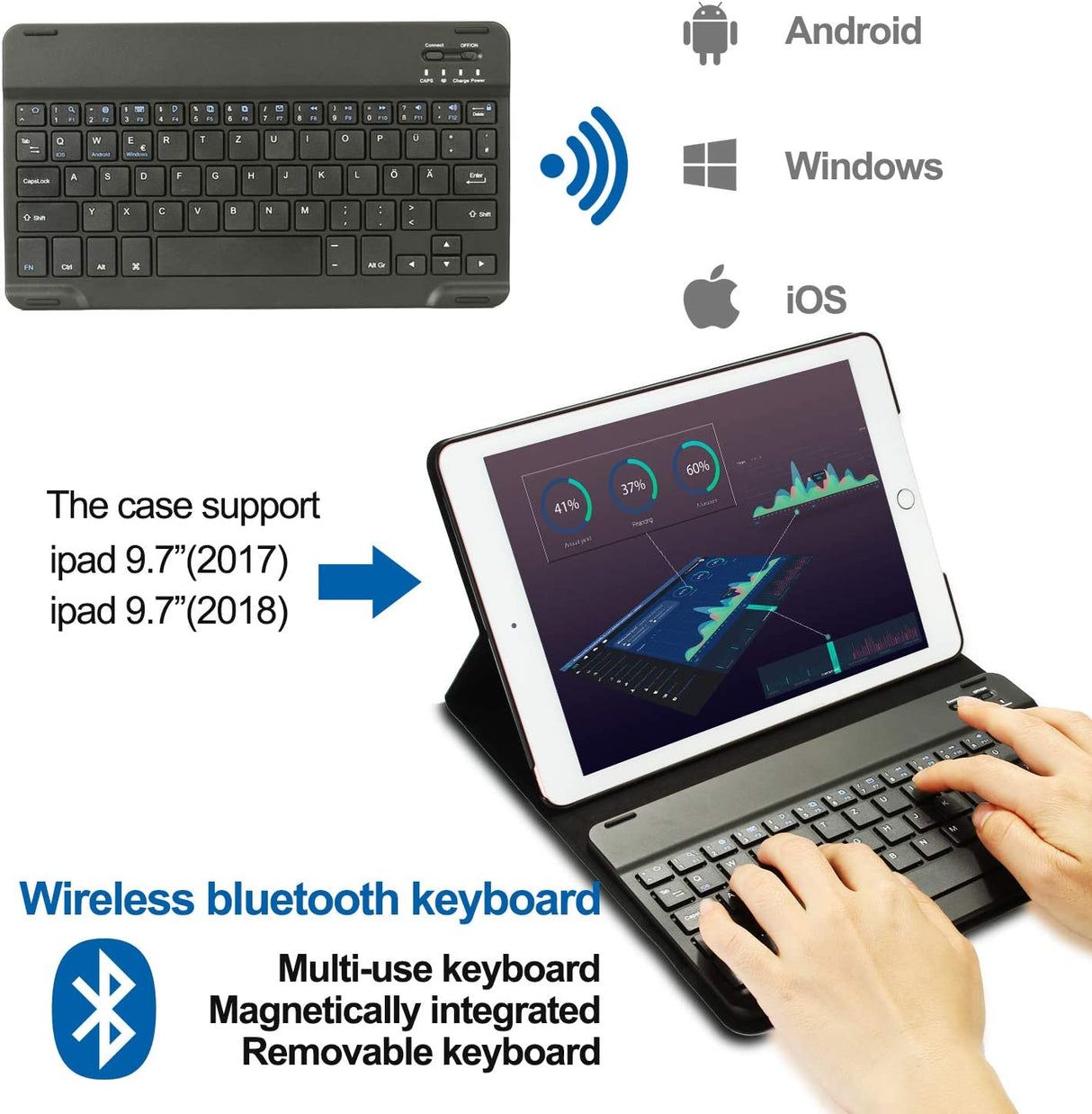 Capa Teclado Bluetooth para Ipad 9.7 2017 2018 Preto