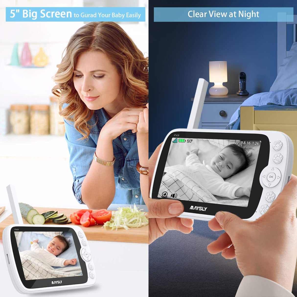 Intercomunicador para Bebé Câmara 1080p Tela 5" Comunicação Bidirecional Visão Noturna Sensor de Temperatura