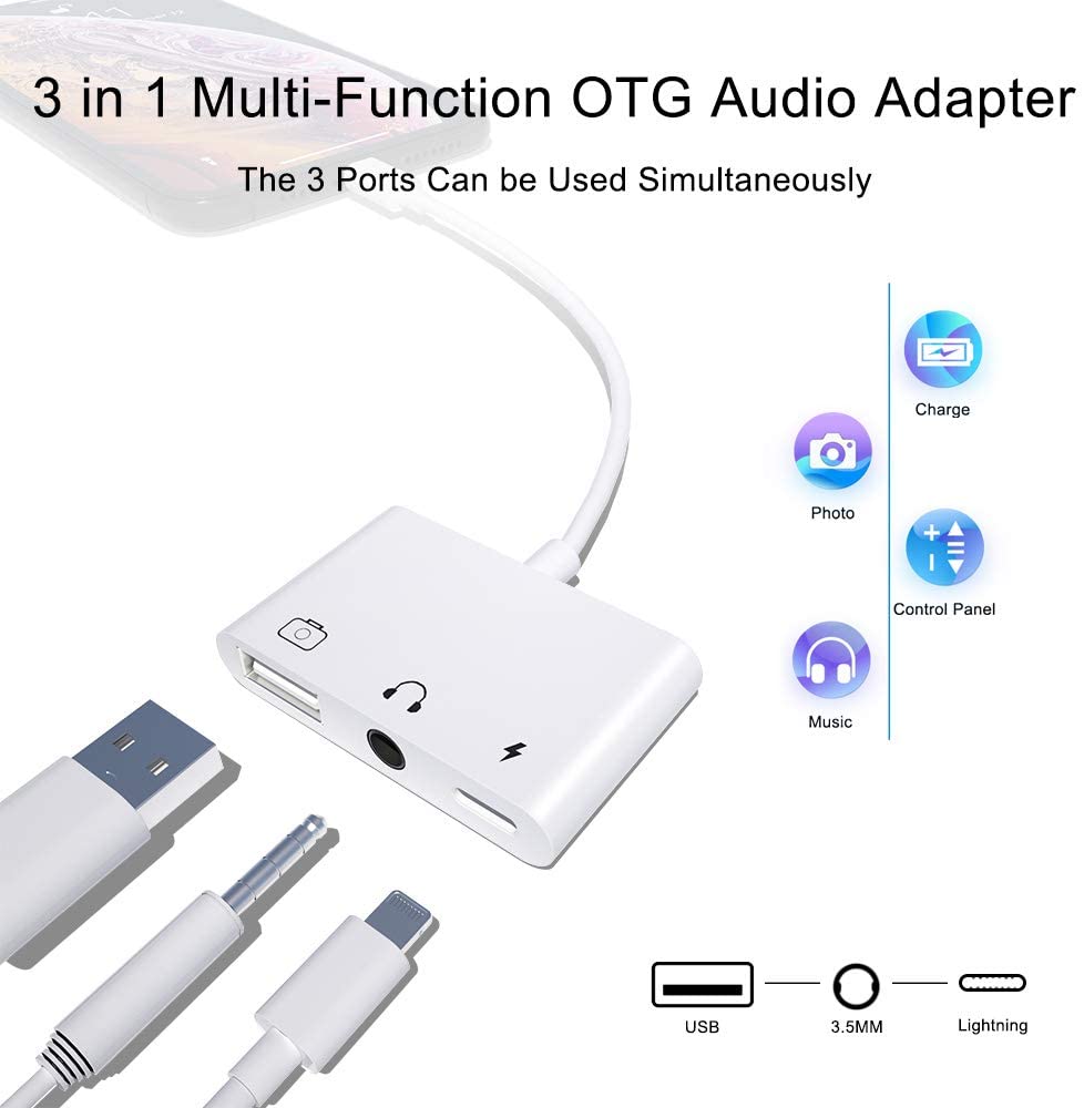 Adaptador Lightning 3 em 1 Câmara USB + Jack 3.5mm + Carregamento