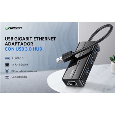 UGreen Adaptador USB 3.0 para Ethernet RJ45 + Hub USB 3.0 - 100/1000