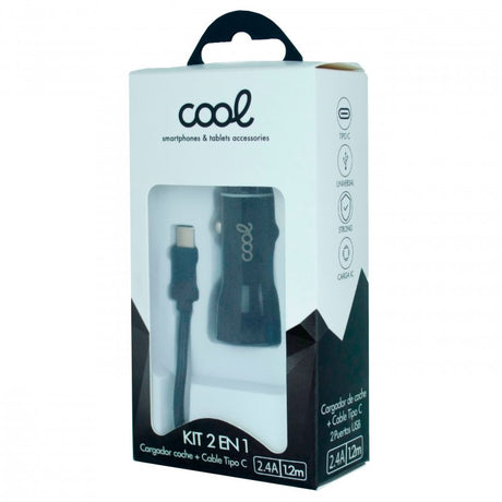 Carregador De Isqueiro Tipo C Dupla Entrada USB COOL 2.4A Kit 2 Em 1 Preto