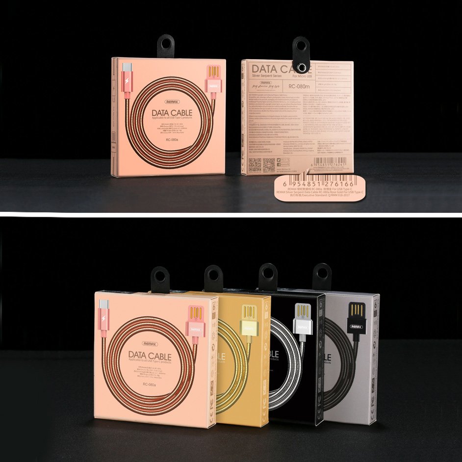 Cabo Remax Silver Serpent RC-080a USB  -  USB Tipo-C com trança metálica durável 2.1A 1M rosa