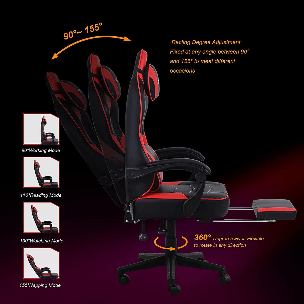 Cadeira Gaming com Massagem Apoio para os Pés e Tapete - Vermelha