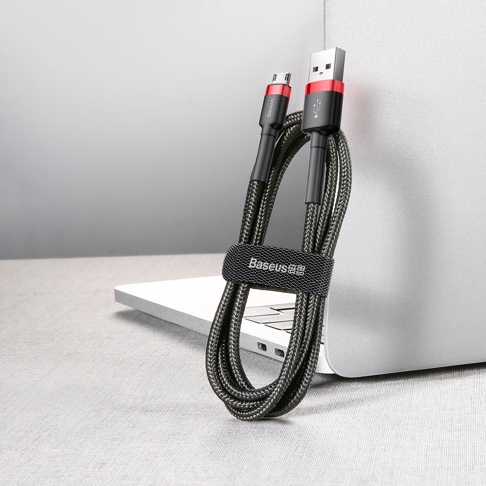 Baseus Cafule Cabo durável de nylon trançado USB  -  micro USB QC3.0 2.4A 05M preto-vermelho (CAMKLF-A91)