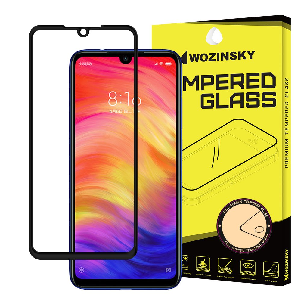 Wozinsky Vidro Temperado Cola Completa Protetor de Tela Super Resistente Totalmente Coberto com Caixa de Armação Amigável para Xiaomi Redmi Note 7 preto