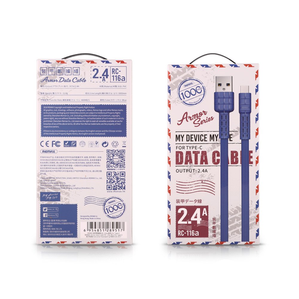Cabo plano USB  -  USB Tipo-C Remax Armor Series 5V 2.4A preto (RC-116a)