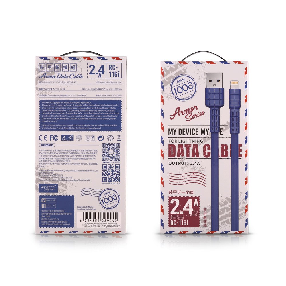 Cabo USB plano  -  Lightning Remax Armor Series 5V 2.4A azul (RC-116i)
