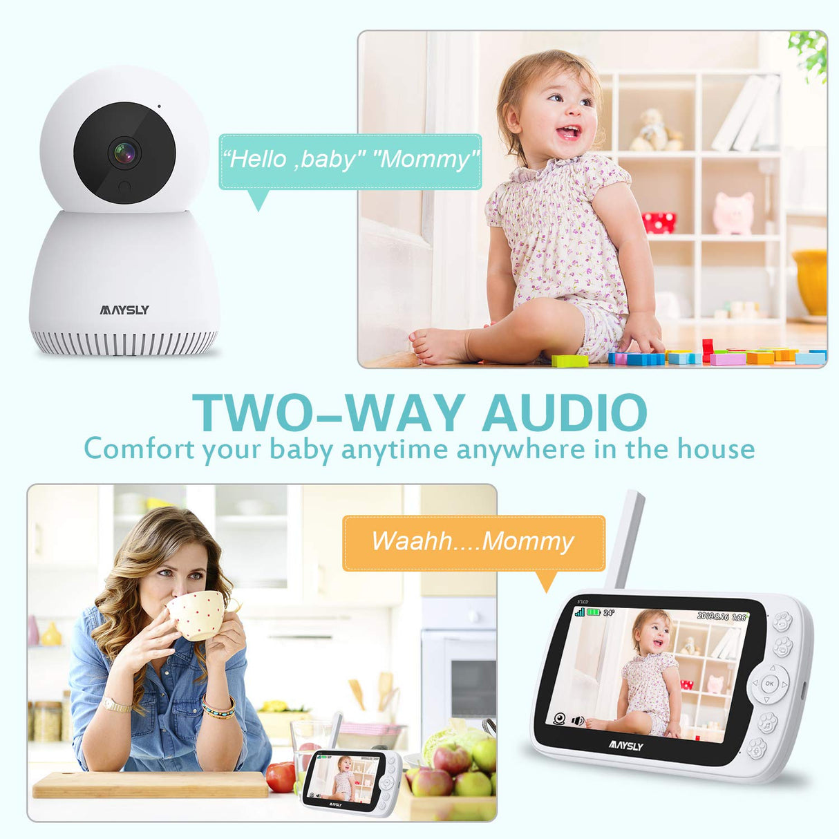 Intercomunicador para Bebé Câmara 1080p Tela 5" Comunicação Bidirecional Visão Noturna Sensor de Temperatura