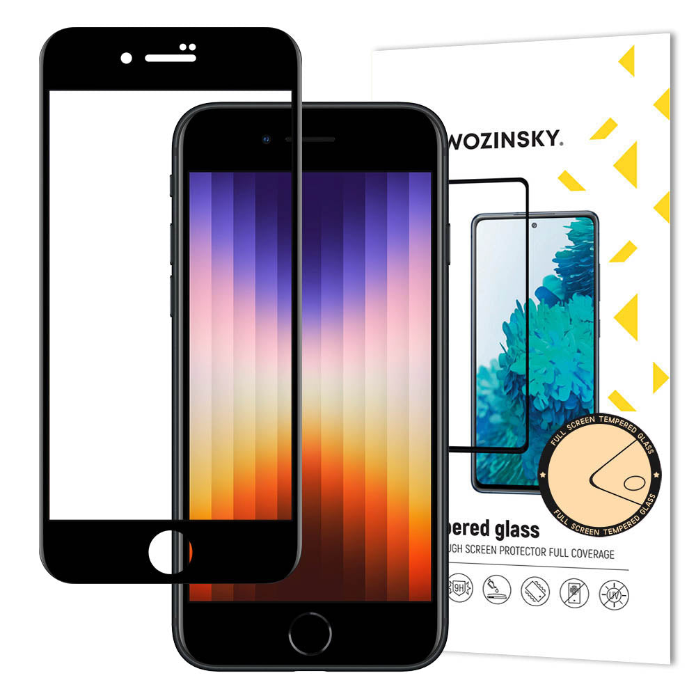 Wozinsky Vidro Temperado Cola Completa Protetor de Tela Super Resistente Totalmente Coberto com Moldura Compatível com Caixa para iPhone SE 2020  -  iPhone 8  -  iPhone 7 preto