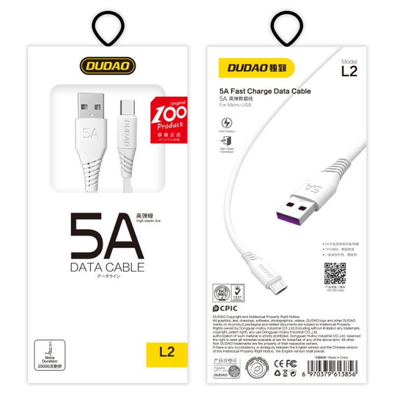 Cabo de dados de carregamento Dudao USB  -  USB Tipo-C 5A 1m branco (L2T 1m branco)