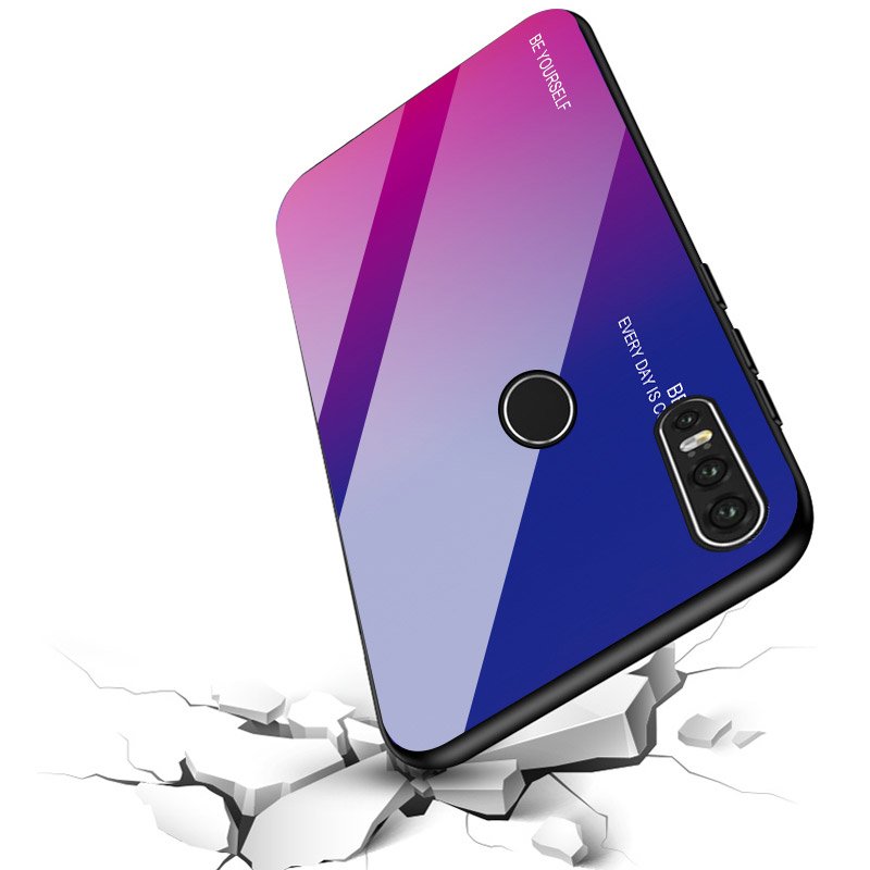 Tampa durável de vidro gradiente com parte traseira de vidro temperado Huawei P30 Lite rosa-roxo