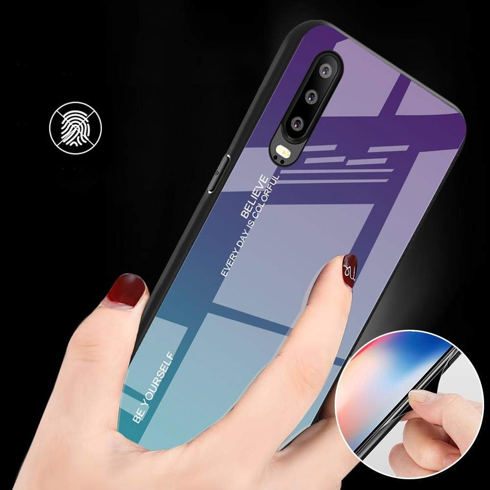 Tampa durável de vidro gradiente com parte traseira de vidro temperado Huawei P30 Pro verde-roxo