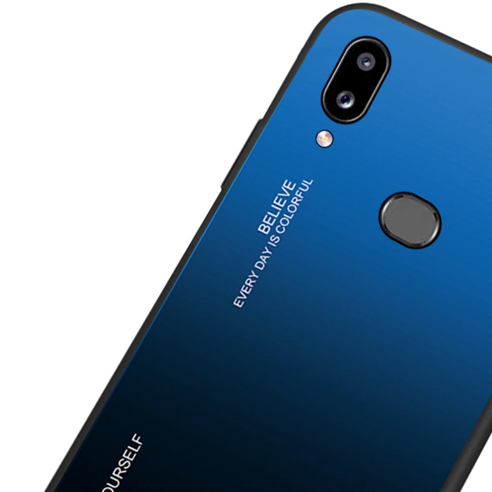 Tampa durável de vidro gradiente com parte traseira de vidro temperado Samsung Galaxy A20e verde-roxo