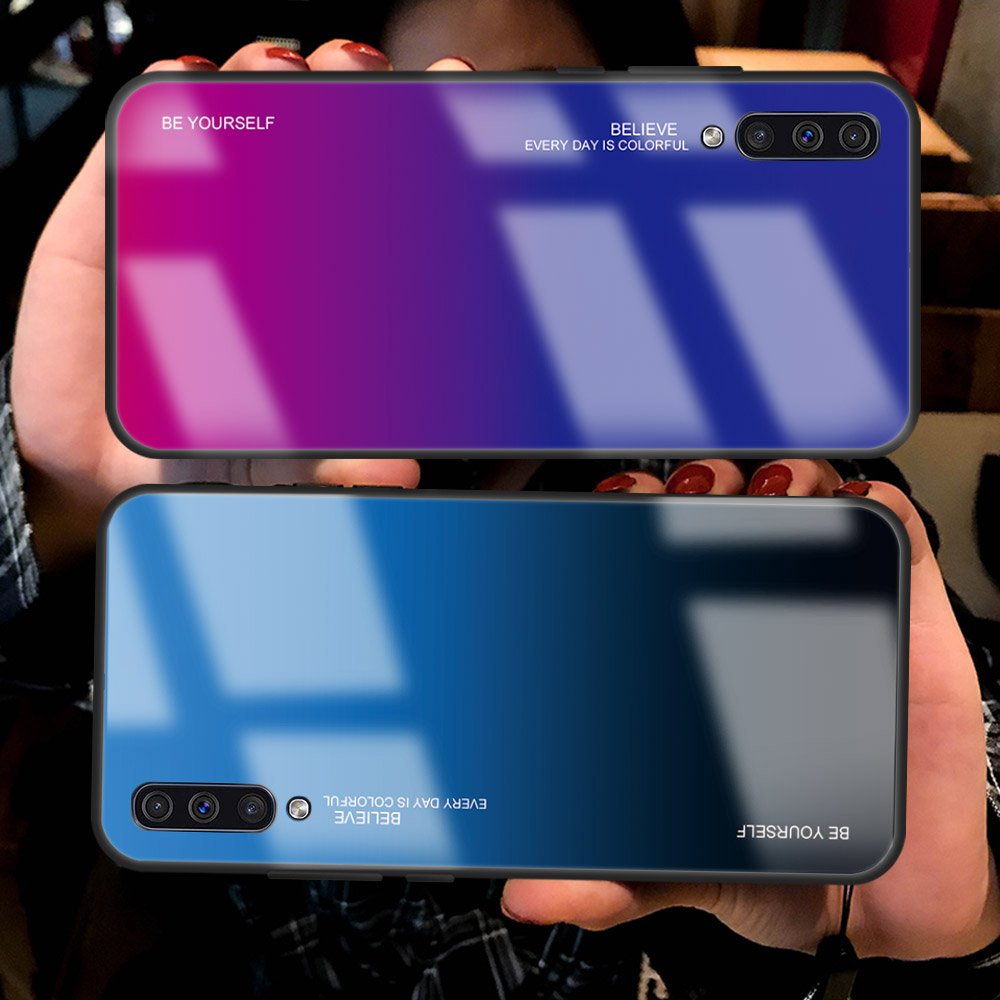 Tampa durável de vidro gradiente com parte traseira de vidro temperado Samsung Galaxy A50s  -  Galaxy A50  -  Galaxy A30s preto-azul