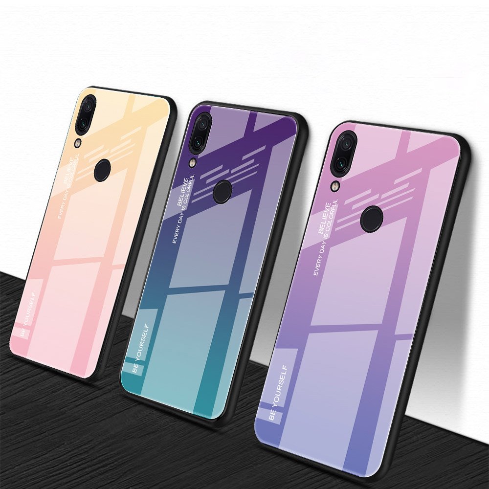 Tampa durável de vidro gradiente com fundo de vidro temperado Xiaomi Redmi Note 7 verde-roxo