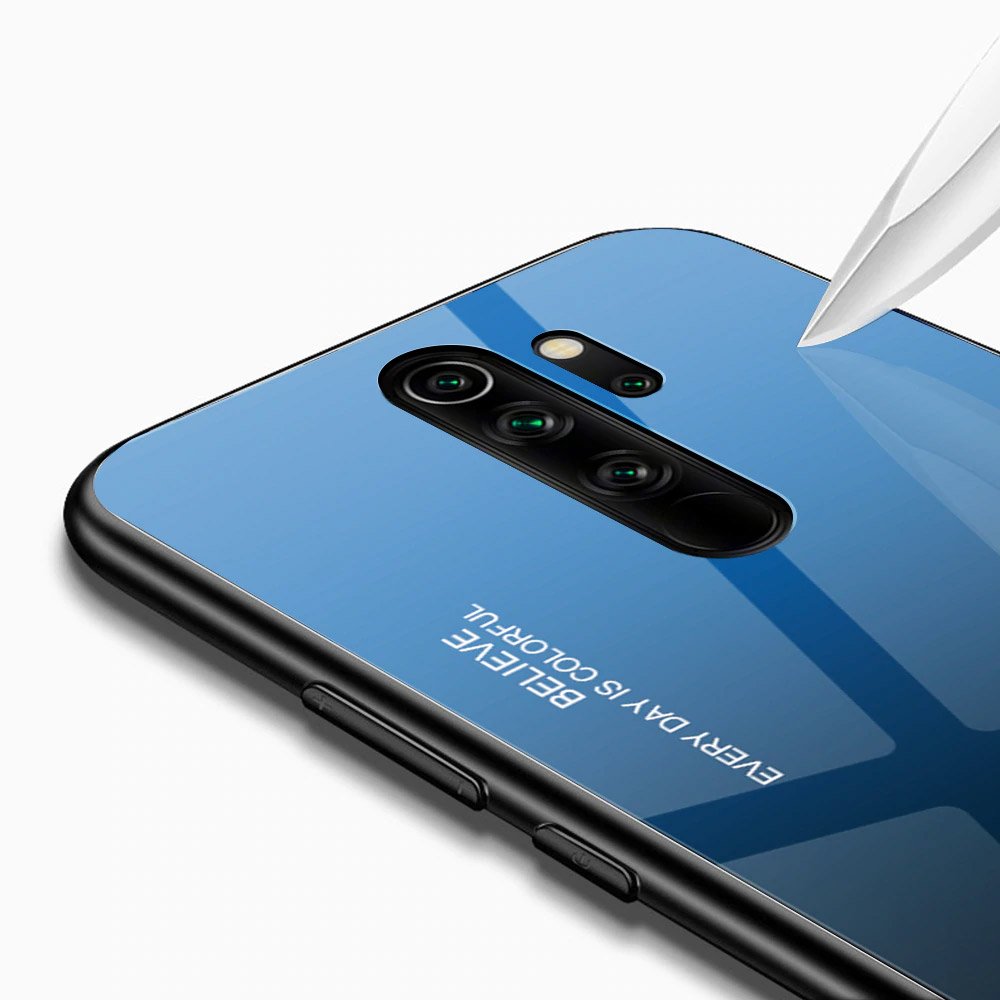 Tampa durável de vidro gradiente com fundo de vidro temperado Xiaomi Redmi Note 8 Pro preto-azul