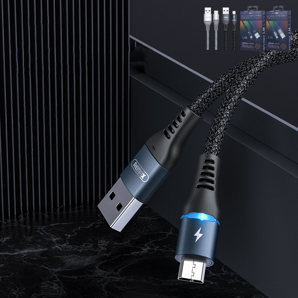 Remax Durable Nylon Braided Wire USB - cabo micro USB com luz LED 24 A 1 m preto (RC-152m preto)