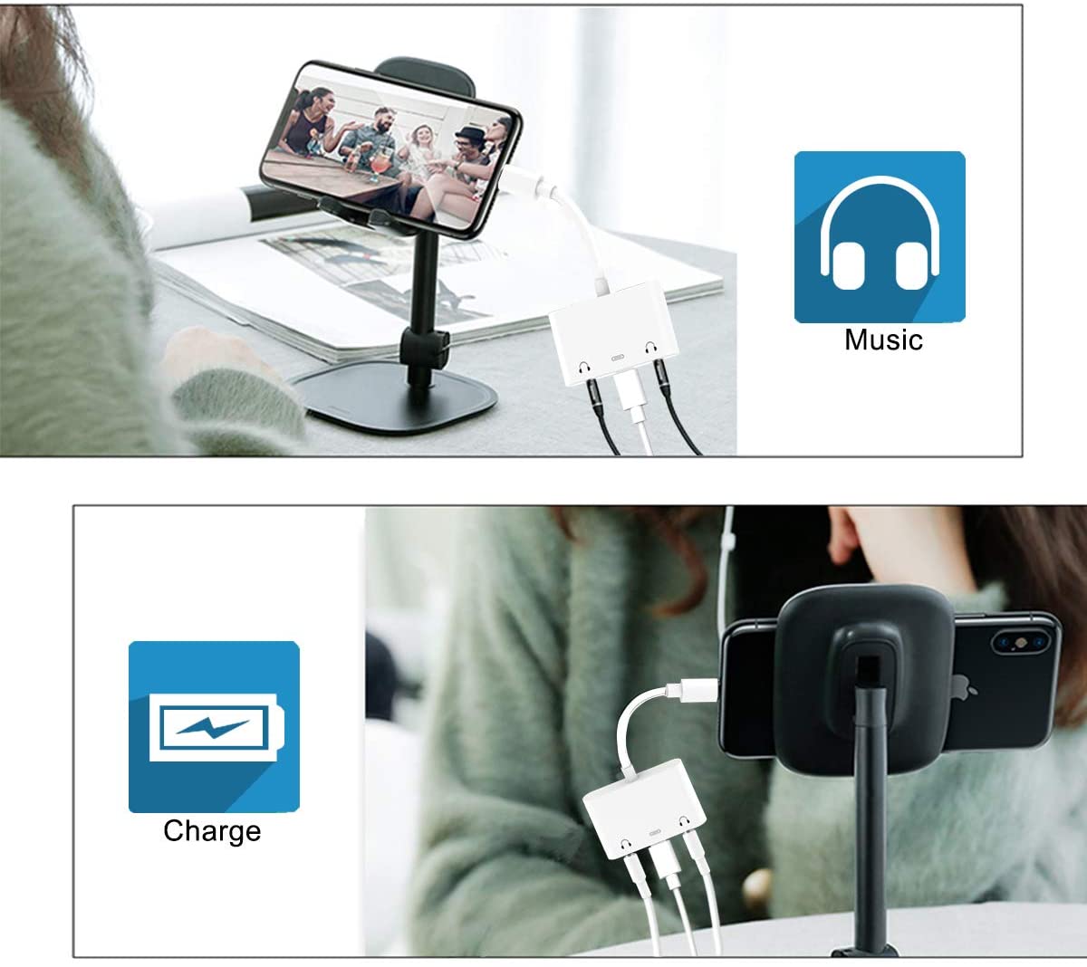 Adaptador Lightning 3 em 1 (2 saídas jack 3,5mm mais 1 saída Lightning) iPhone/iPad