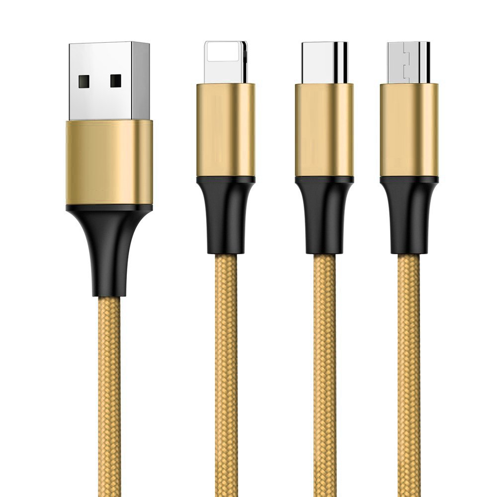 3 em 1 Nylon trançado USB - micro USB  -  Lightning  -  cabo USB-C 2 A 1 m ouro