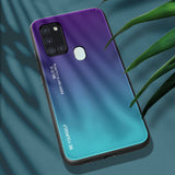Tampa durável de vidro gradiente com parte traseira de vidro temperado Samsung Galaxy A21S verde-roxo