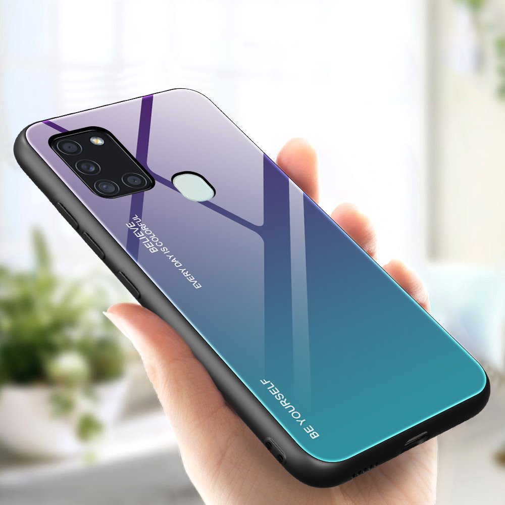 Tampa durável de vidro gradiente com parte traseira de vidro temperado Samsung Galaxy A21S verde-roxo